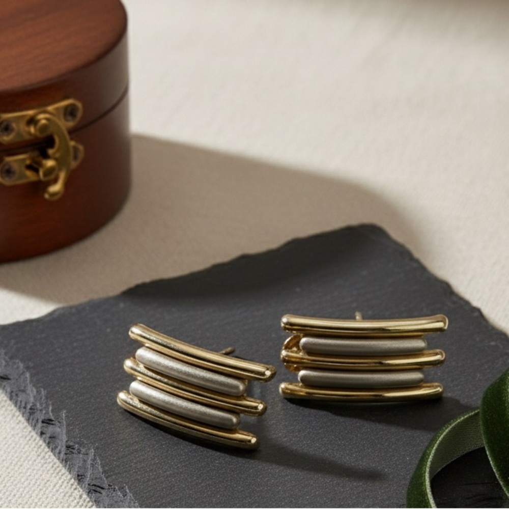 Two-Tone Gold & Silver Ribbed Arc Stud Earrings